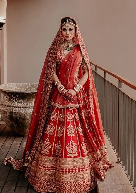 red color wedding lehenga of Mouni roy