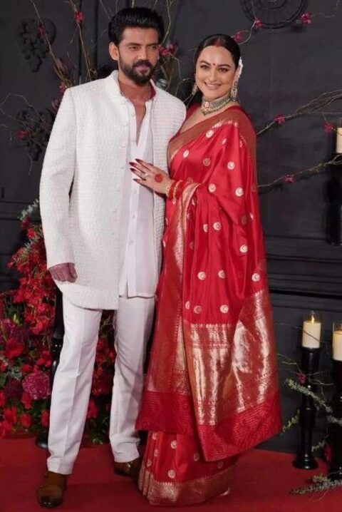 sonakshi red color wedding saree
