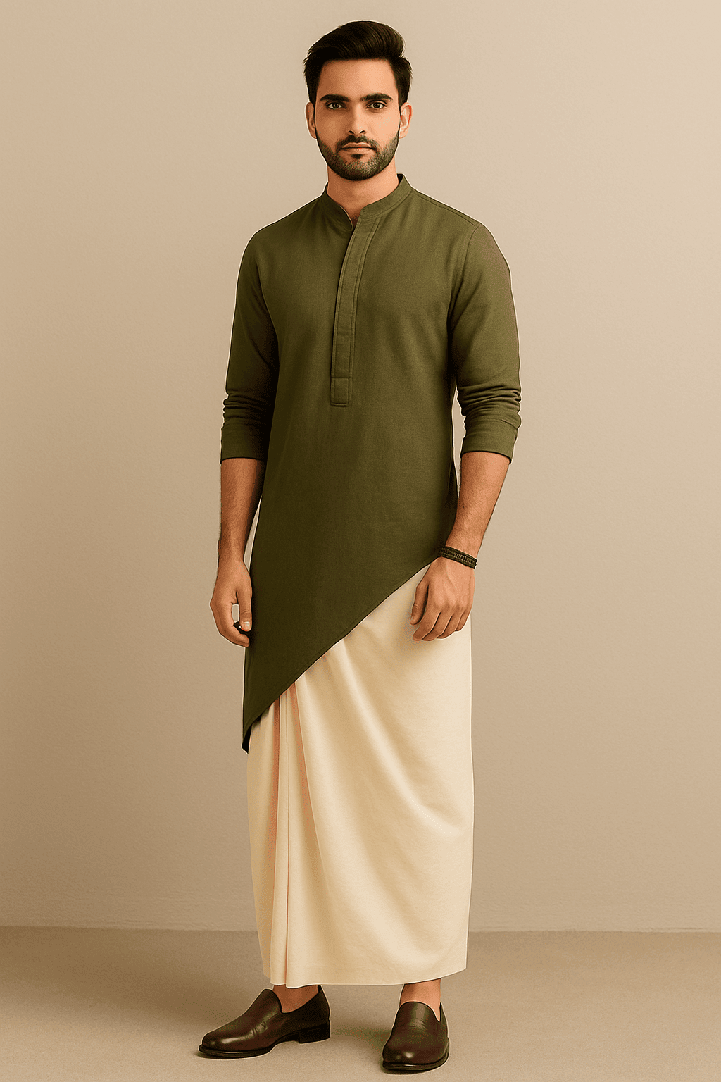 New Trend of 2025 of best dhoti and shirt combinations Olive Green Asymmetrical Kurta Shirt with Cream Dhoti