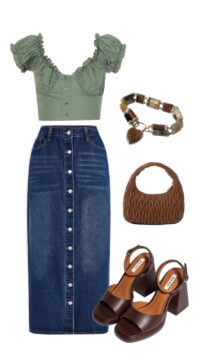 style buttoned straight denim skirt with layered top