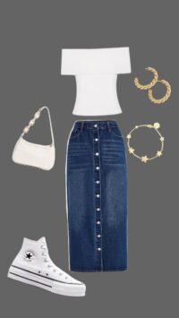 style buttoned straight denim skirt with off shoulder