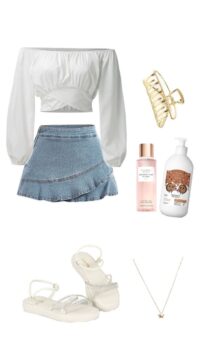 style draped denim skirt with off shoulder top