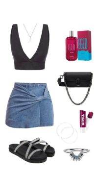 style draped denim skirt with v neck top