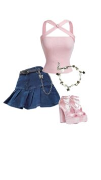style flared denim skirt with chirs cross tshirt