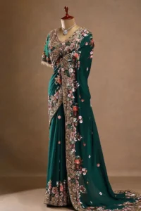 Peacock green saree + Types of saree material +Pepandpanache