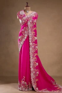 Hot pink saree + Types of saree material + Pepandpanache