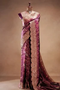 Deep wine saree + Types of saree material