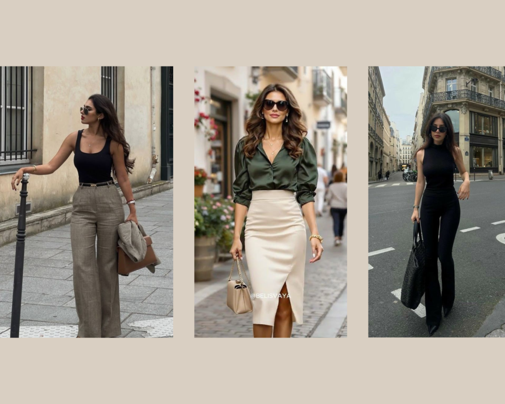 "Stylish women posing outdoors in fashionable outfits collage"