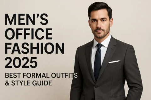 Men’s Office Fashion 2025 banner featuring a confident man in a charcoal suit, white shirt, and navy tie – best formal outfits and professional style guide.