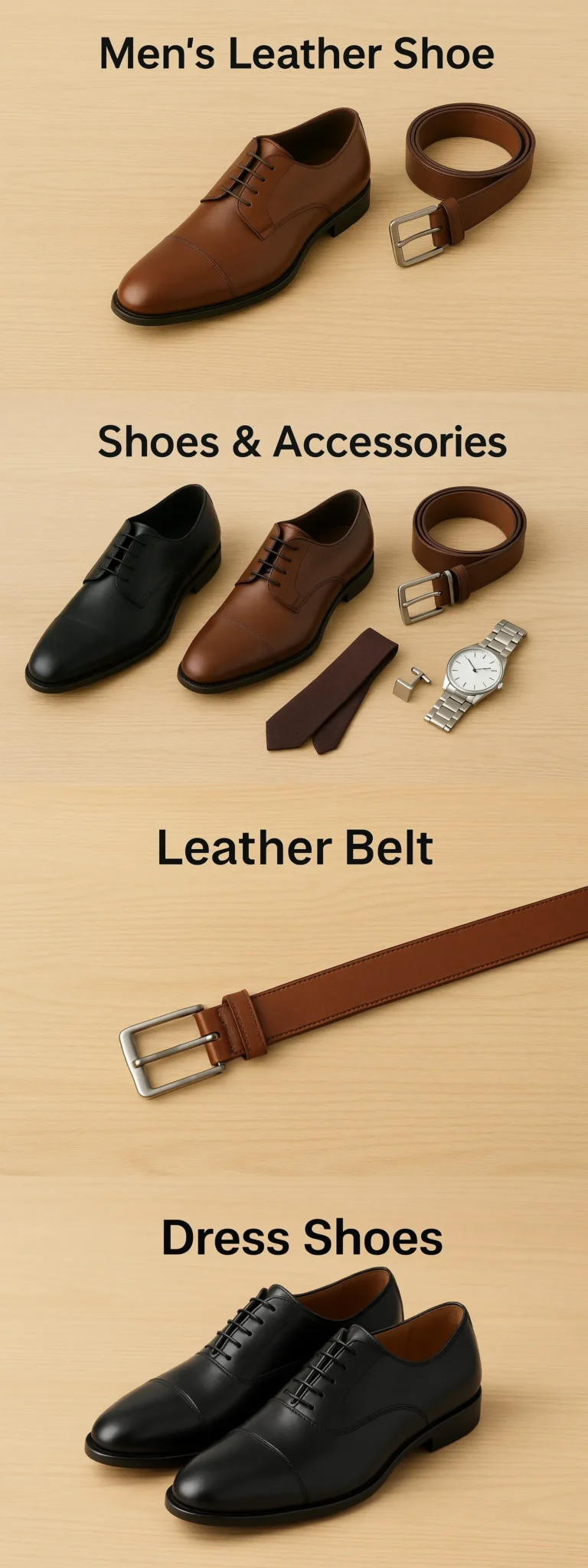 This collage showcases the must-have men’s office fashion accessories for 2025. Featuring premium brown and black leather dress shoes, a matching belt, a stainless steel wristwatch, a formal tie, and cufflinks – this combination defines modern business style and professional office wear.
