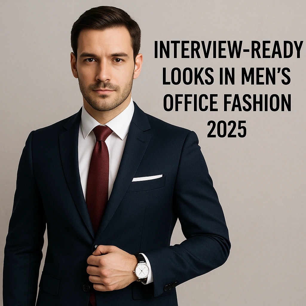 Interview-ready men’s office fashion 2025 – confident man in navy suit, white shirt, and burgundy tie styled with pocket square and sleek watch for professional look.