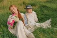 bride groom in light summer white attire on green field
