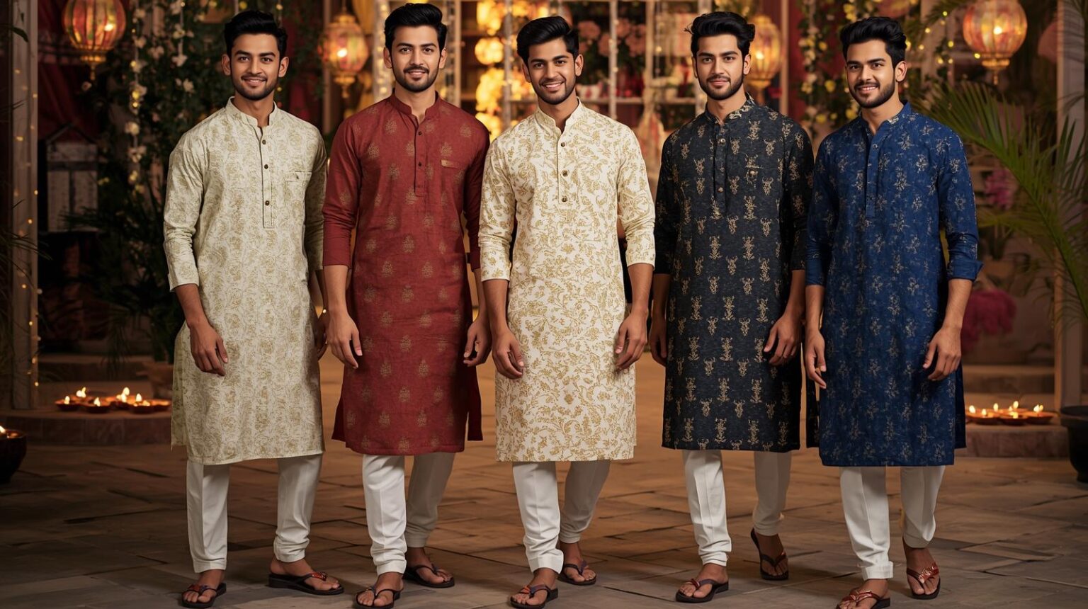 Casual Diwali kurtas for men in printed, chikankari, and linen styles paired with Kolhapuri sandals