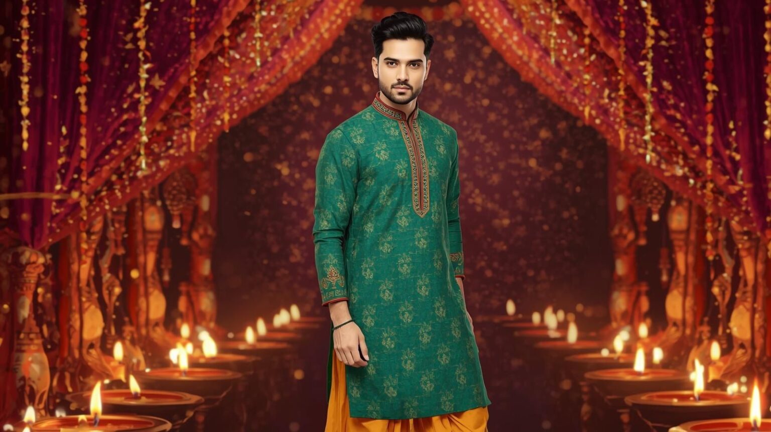 Man in bold jewel-toned kurta pajama for Diwali, styled with cotton-silk blend fabric and churidar pants