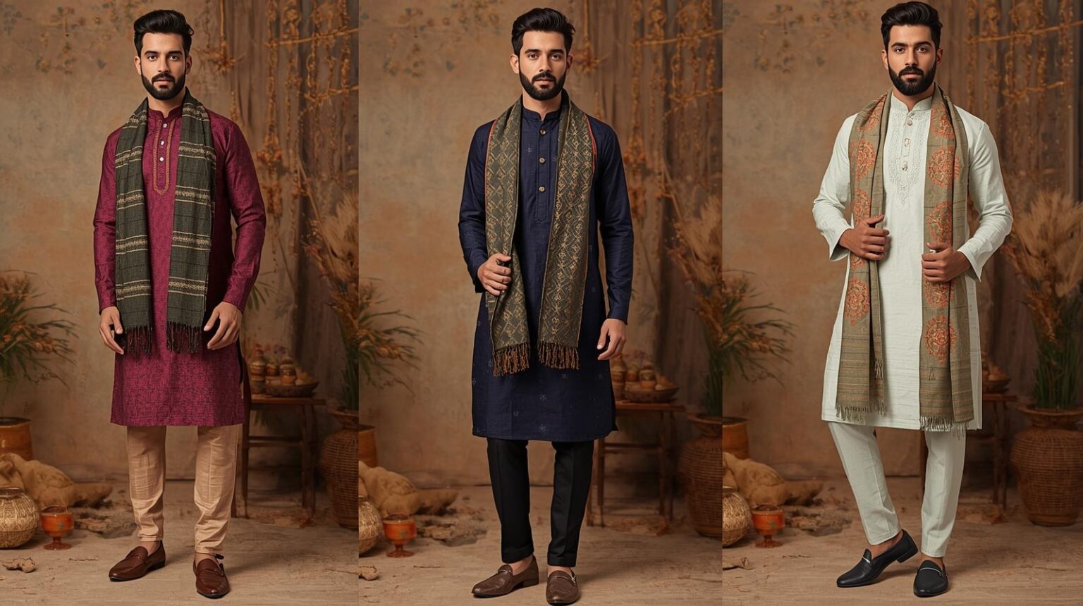 Diwali men’s fashion color pairings with jewel tones, pastels, and metallic accents styled in festive outfits.