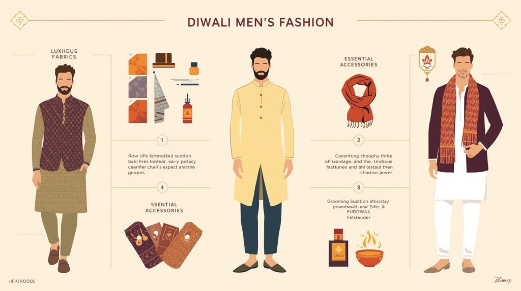 Infographic-style guide to Diwali men’s fashion showcasing luxurious fabrics, essential accessories like stoles and mojaris, grooming essentials, and festive outfit styling tips