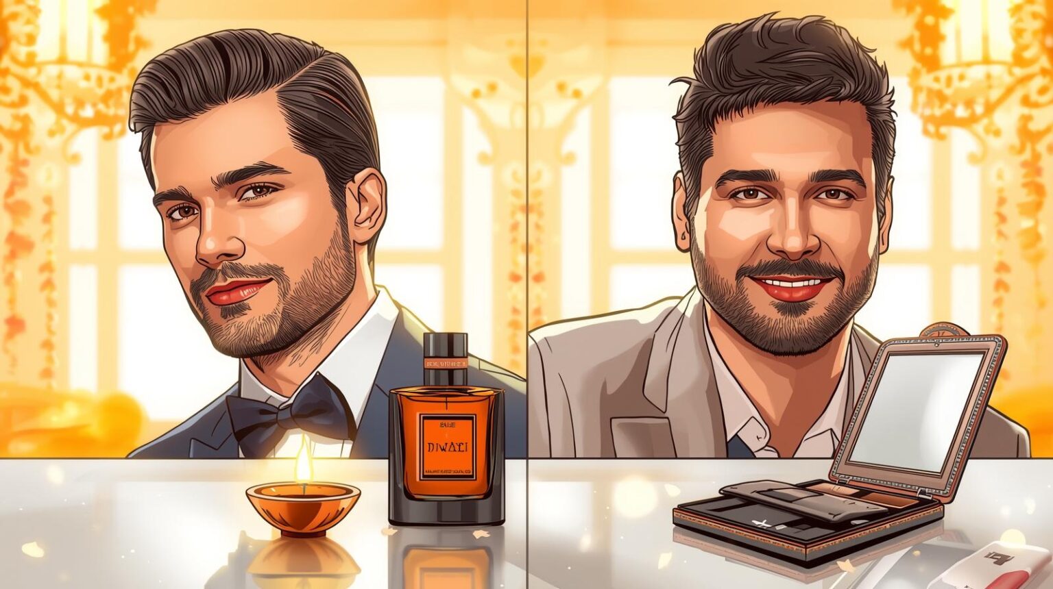 Grooming tips for Diwali men including clean shave or trimmed beard, styled hair, and subtle festive fragrance