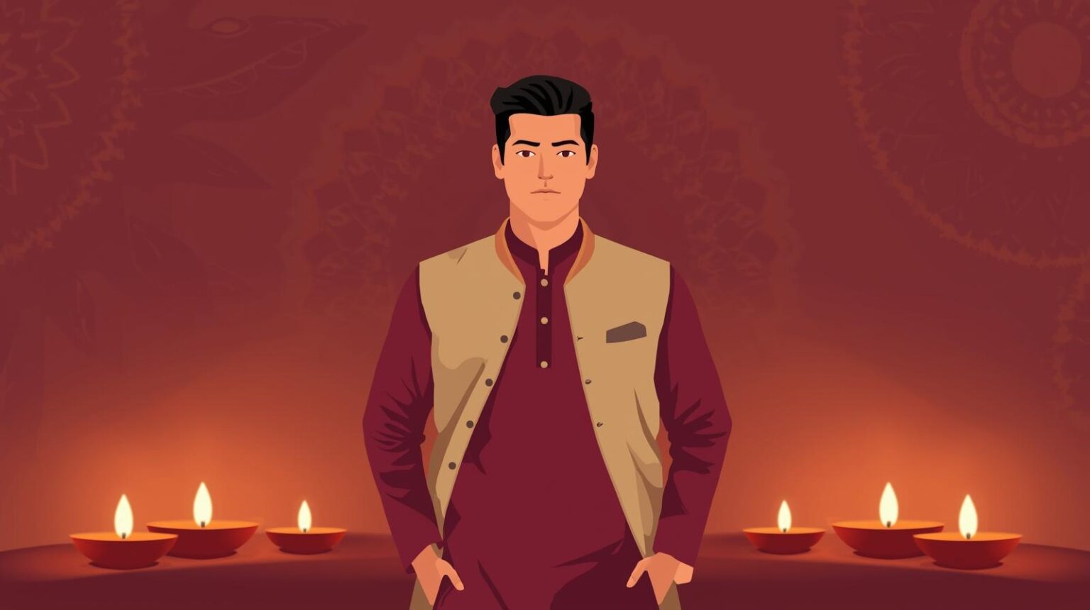 introduction to Diwali men’s fashion with a stylish maroon kurta and beige Nehru jacket, complemented by festive diya and rangoli design.