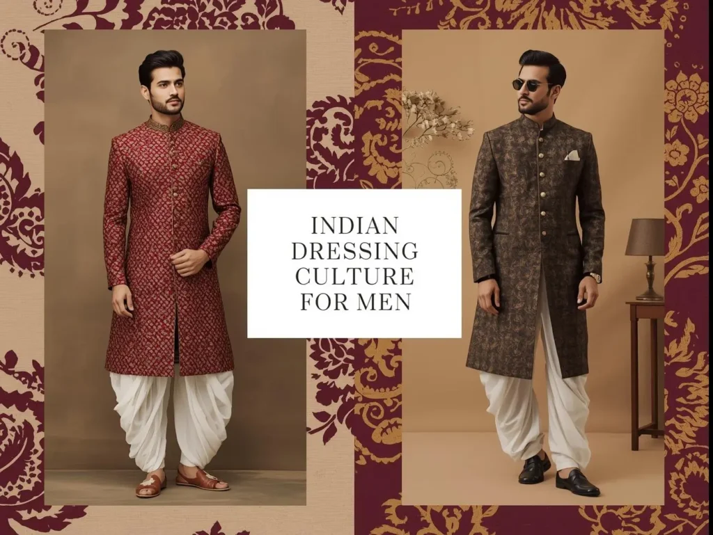 Indian dressing culture for men in traditional sherwanis.