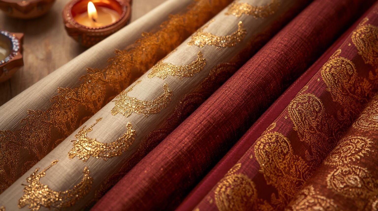 Trending fabrics for Diwali men’s outfits including raw silk, brocade, velvet accents, and sustainable handloom khadi