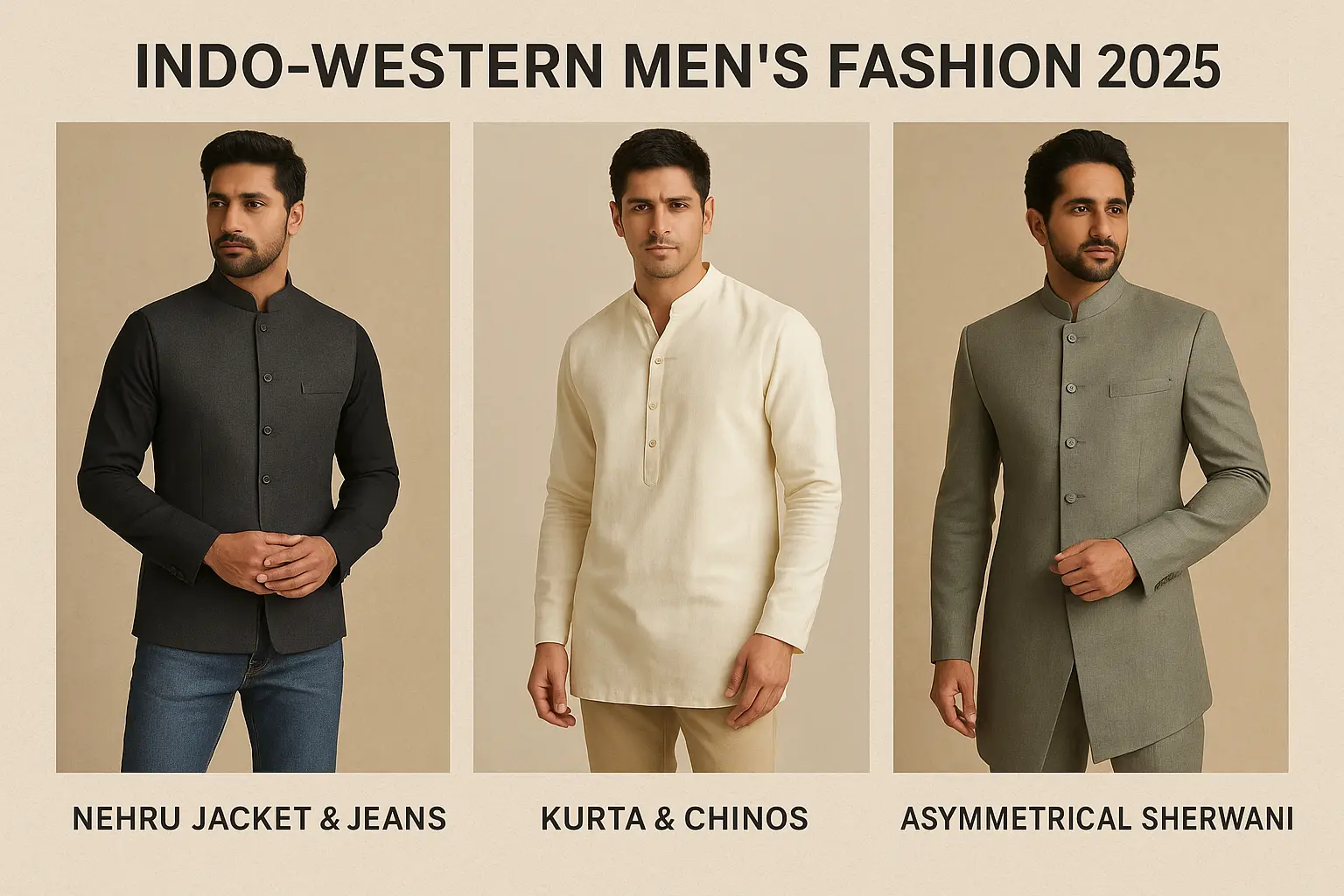 Indo-Western men’s fashion 2025 featuring Nehru jacket with jeans, kurta with chinos, and contemporary sherwani fusion style.