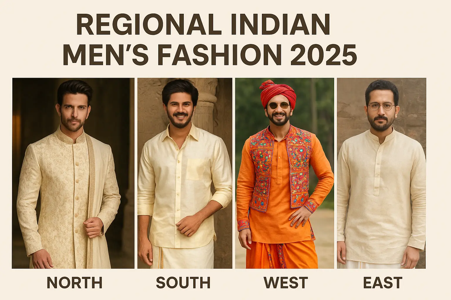 Regional Indian men’s fashion 2025 featuring North Indian sherwani, South Indian dhoti with silk shirt, Gujarati kediyu, and Bengali panjabi.