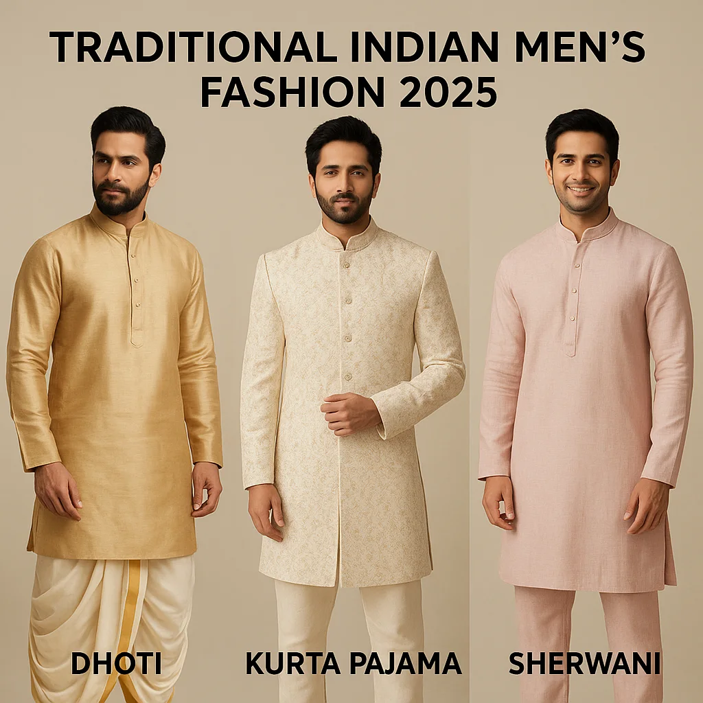 Traditional Indian men’s fashion 2025 with dhoti, kurta pajama, and sherwani styles