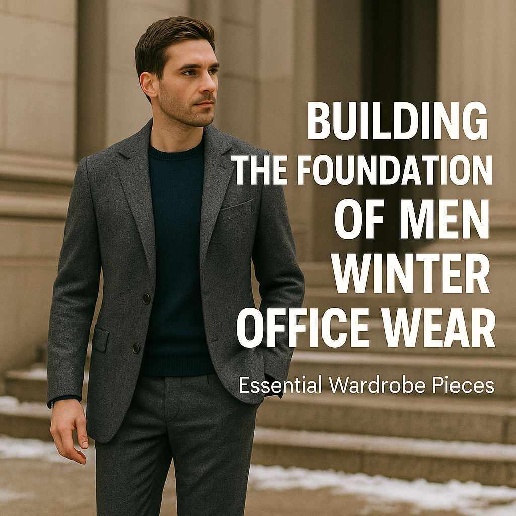A confident man in a gray herringbone blazer and navy sweater poses outside a neoclassical building, representing essential wardrobe pieces for building the foundation of men’s winter office wear.