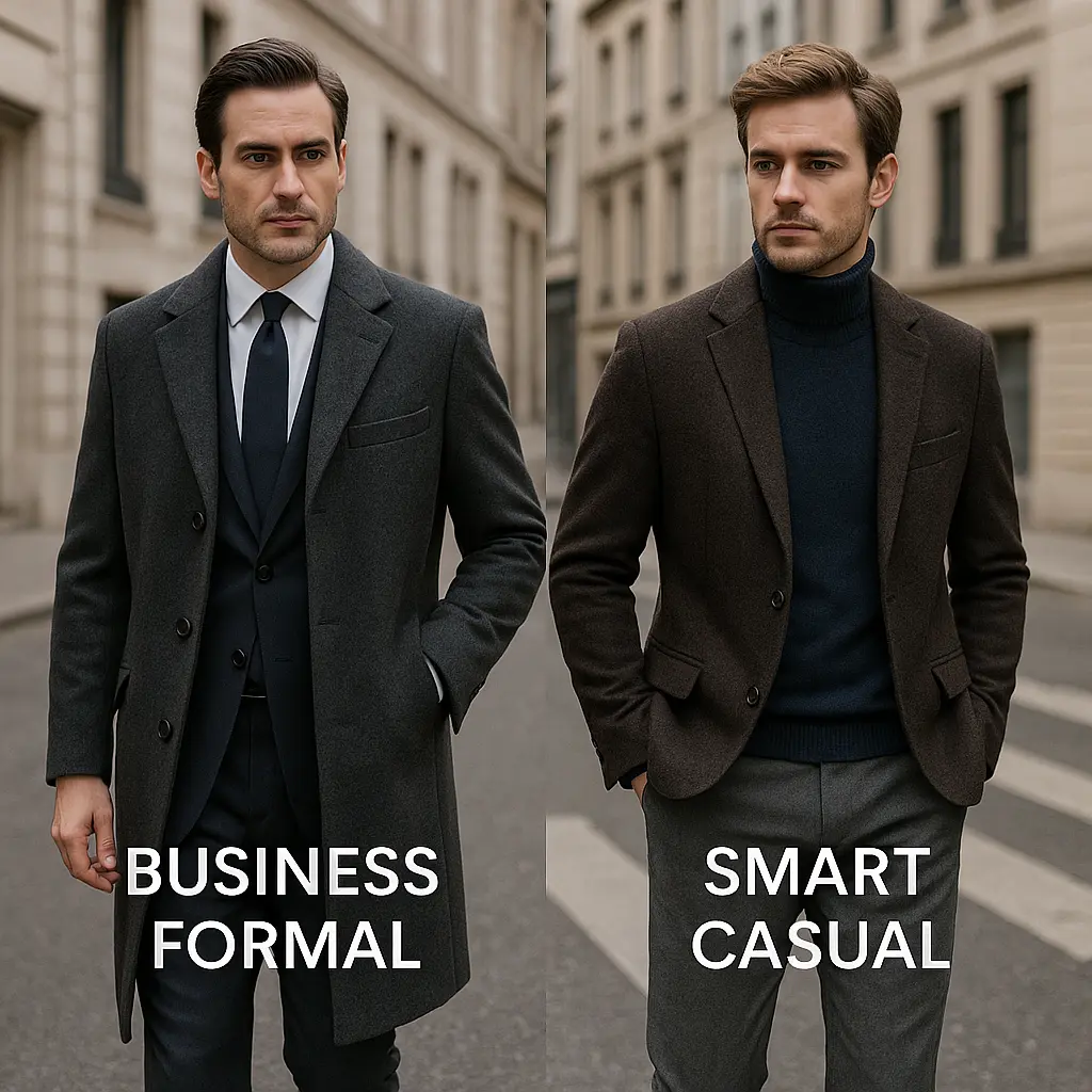 A side-by-side comparison of two men showcasing winter office wear styles — the left model dressed in a formal gray suit and overcoat for a business formal look, and the right model in a brown blazer and navy turtleneck representing a smart casual winter outfit.