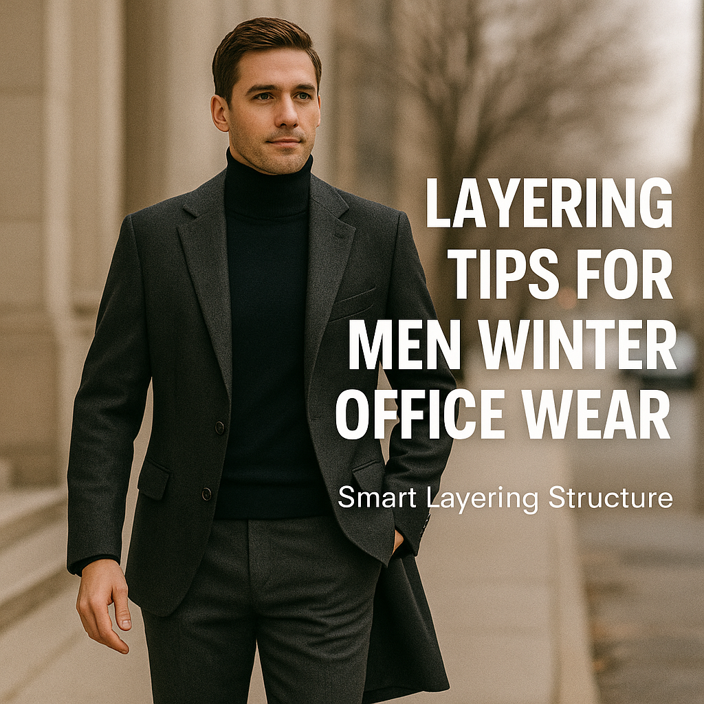 A stylish man in a tailored charcoal suit and black turtleneck demonstrates smart layering for men’s winter office wear, standing confidently on a city street with a soft winter background.