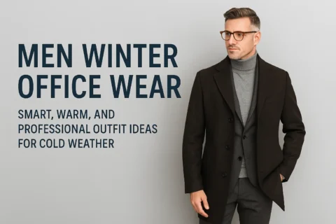 Professional Indian man wearing elegant winter office wear including a dark wool blazer and turtleneck, standing indoors against a warm beige background for a fashion blog banner.