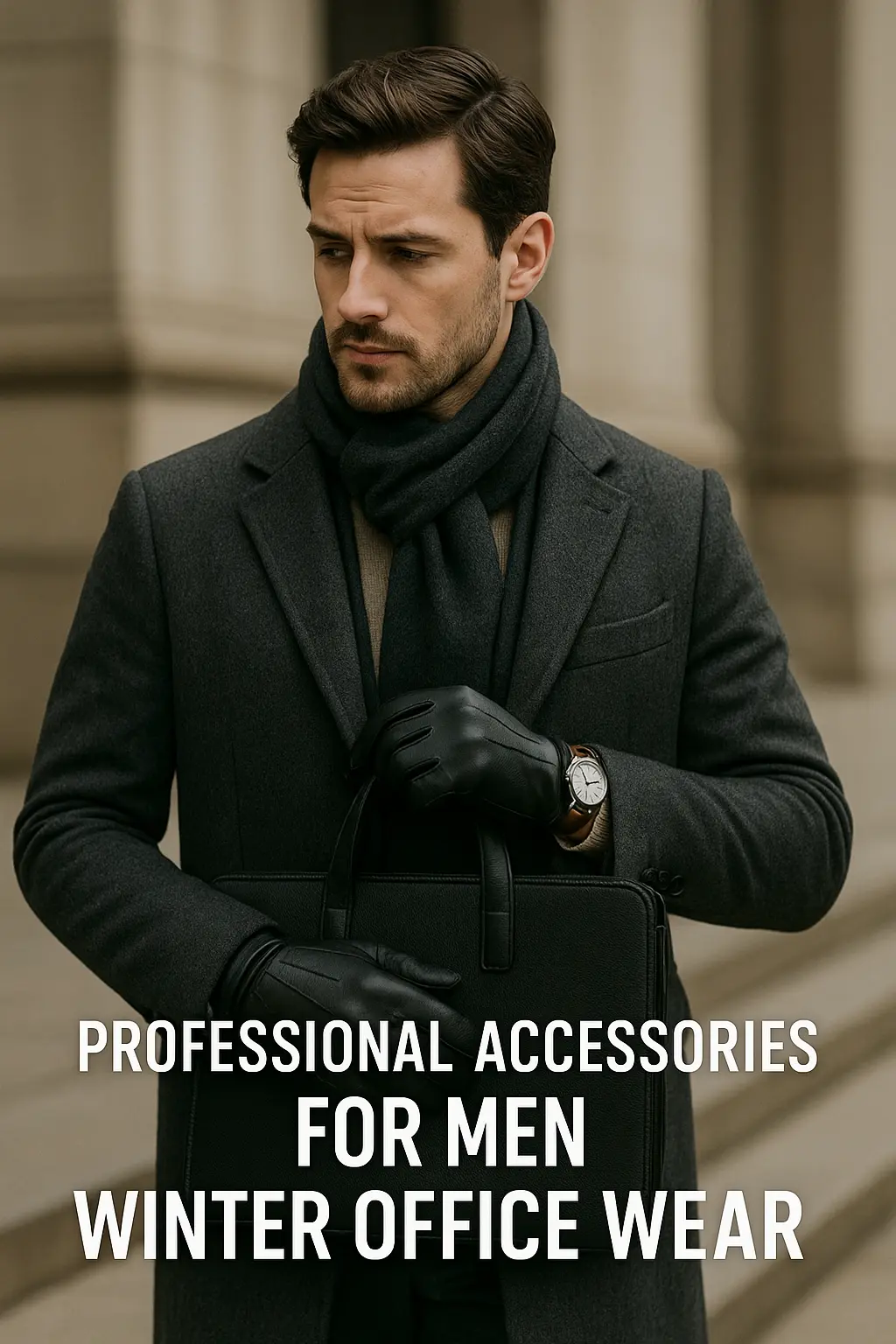 A stylish man in a charcoal overcoat and dark scarf holds a black leather briefcase while wearing black gloves and a silver wristwatch, showcasing professional accessories for men’s winter office wear.