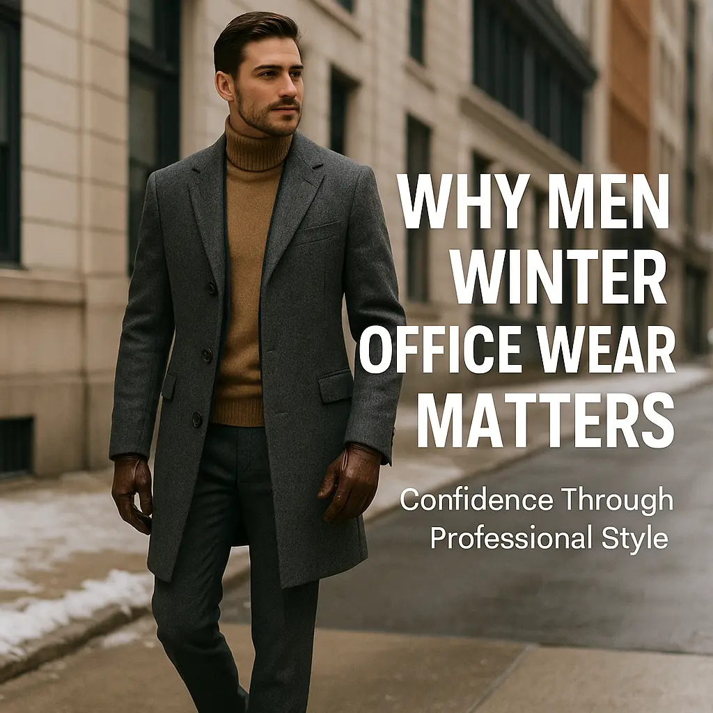 A confident man wearing a gray wool overcoat and camel turtleneck walks down a city street, representing the importance of professional winter office wear for men.