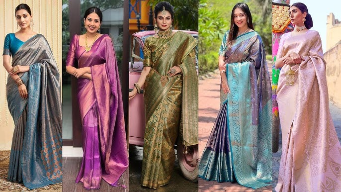 Group of Indian women admiring and choosing Kanjivaram silk sarees in a boutique