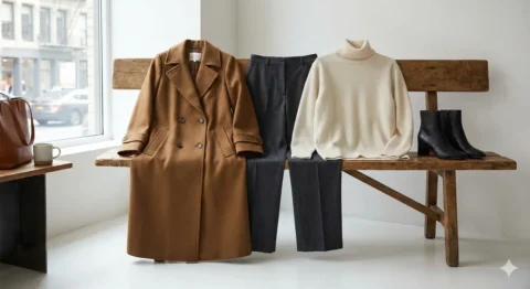“Winter fashion trends 2025 capsule outfit with camel wool coat, cream turtleneck sweater, tailored grey trousers and black ankle boots.”