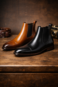 tan and black Chelsea boots