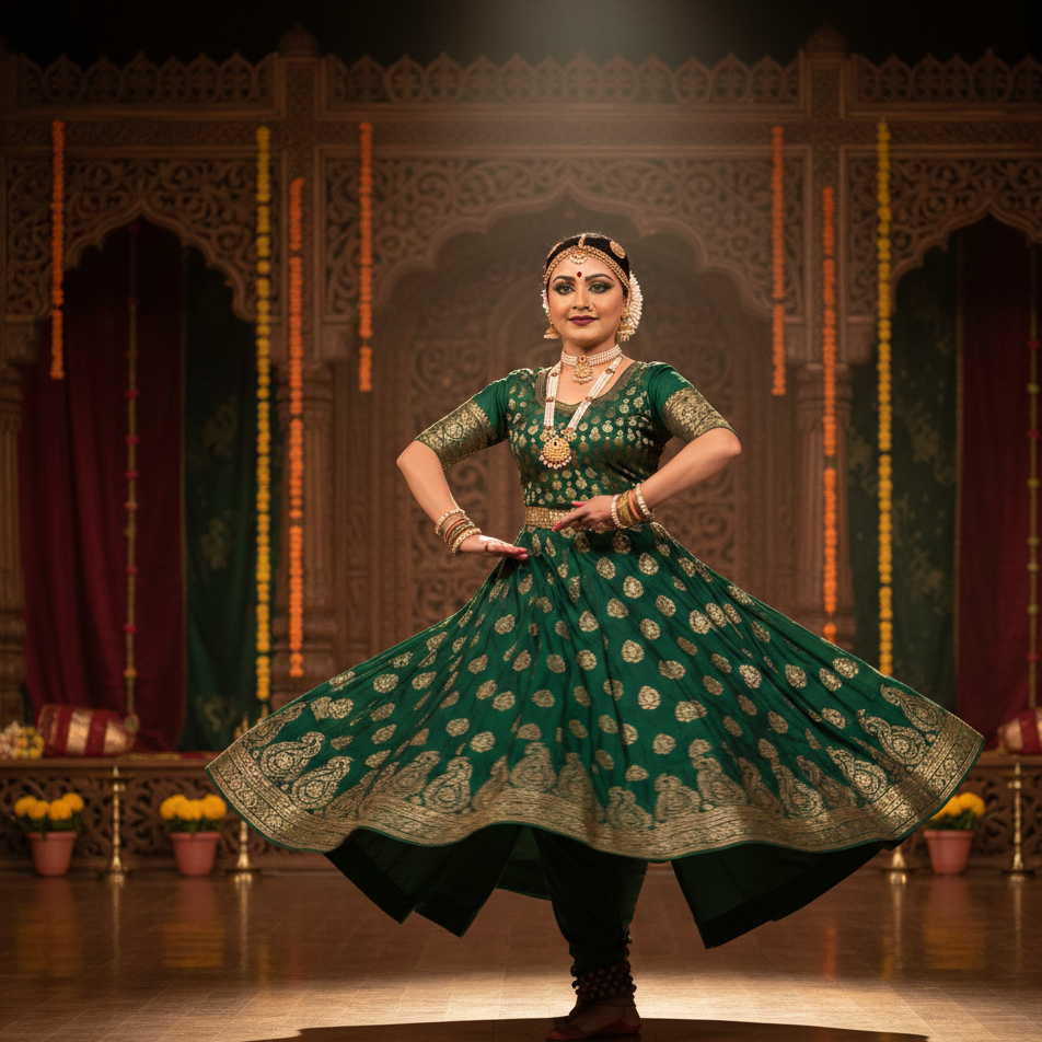Kathak dancer anarkali costume with coordinated makeup