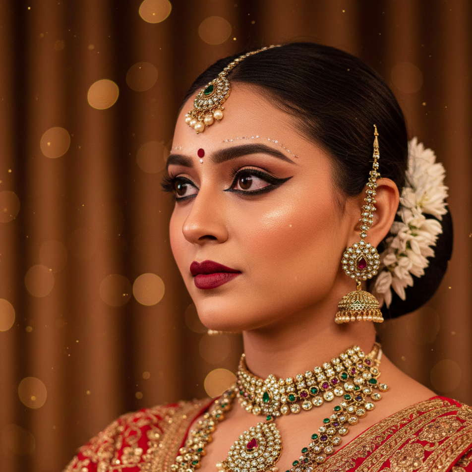 Kathak dancer wearing traditional costume with bold stage makeup