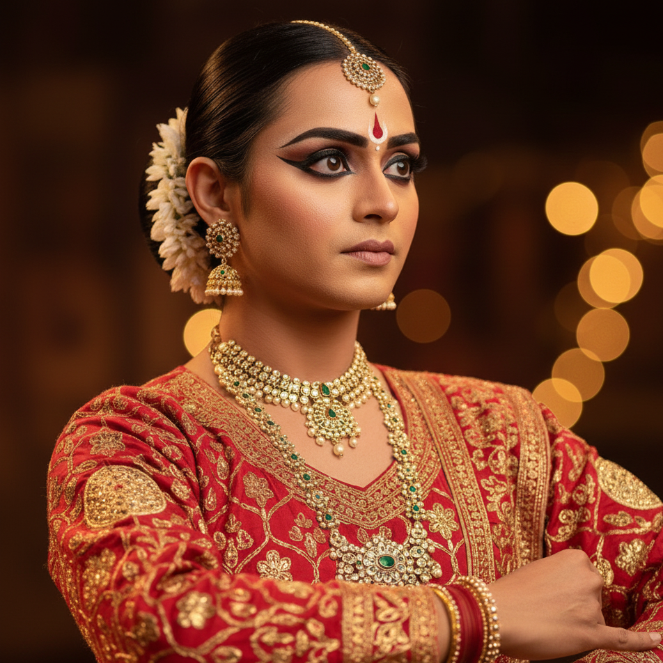 Kathak dancer wearing traditional costume with bold stage makeup