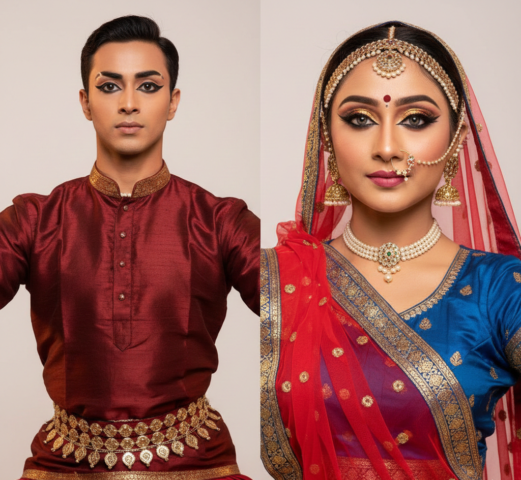 Male and female Kathak dancers wearing role-appropriate stage makeup