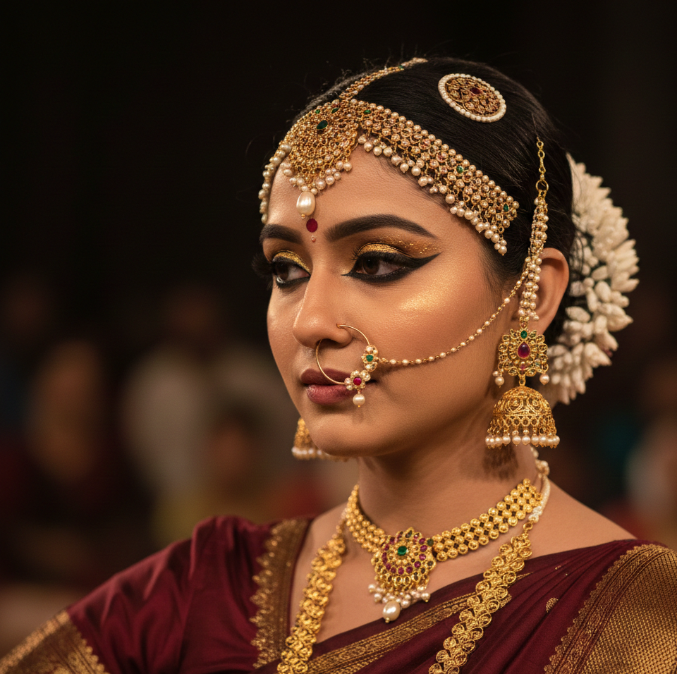 Traditional Kathak jewellery with nath and jhumkas