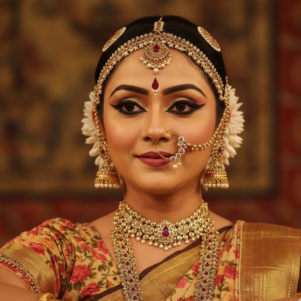 Traditional Kathak jewellery with nath and jhumkas