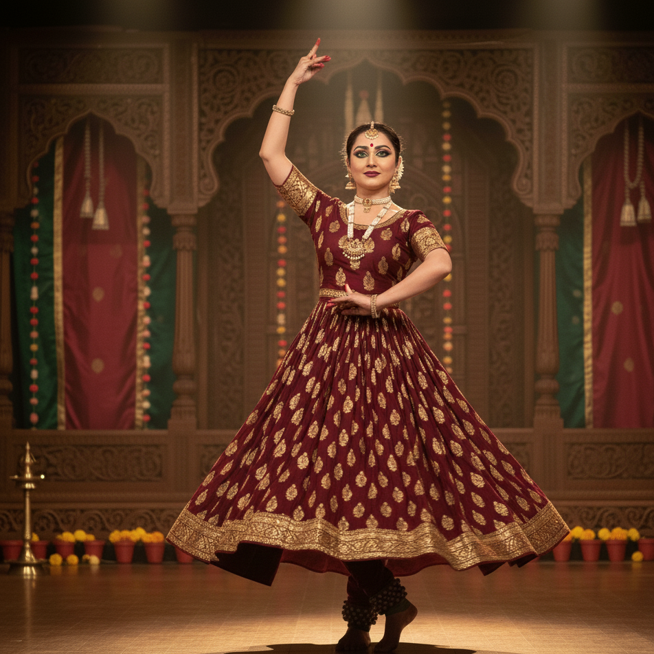Kathak dancer anarkali costume with coordinated makeup