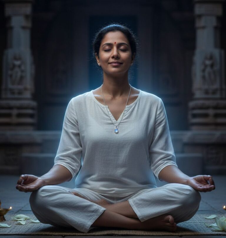 Woman meditating while wearing silver chain showing benefit of wearing silver chain for mental peace, energy balance, and wellness