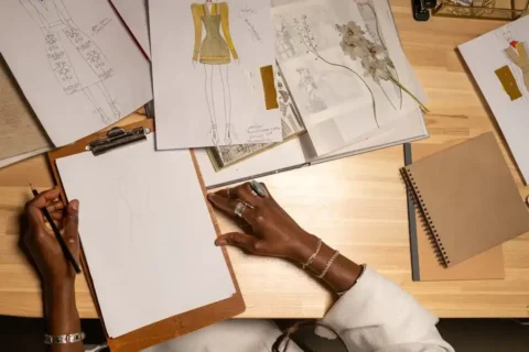 Young fashion designer sketching clothing designs on paper at bright studio desk with fabric swatches, pencils, and mood boards - how to become a fashion designer