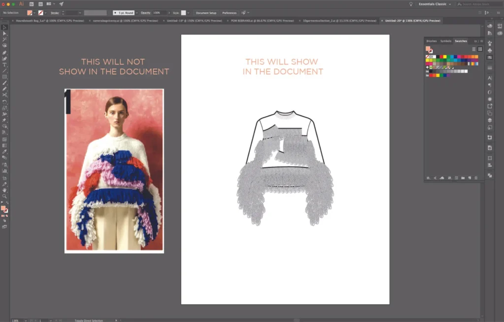 Fashion designer working on computer using Adobe Illustrator software creating digital fashion sketches and technical drawings - fashion design software tools