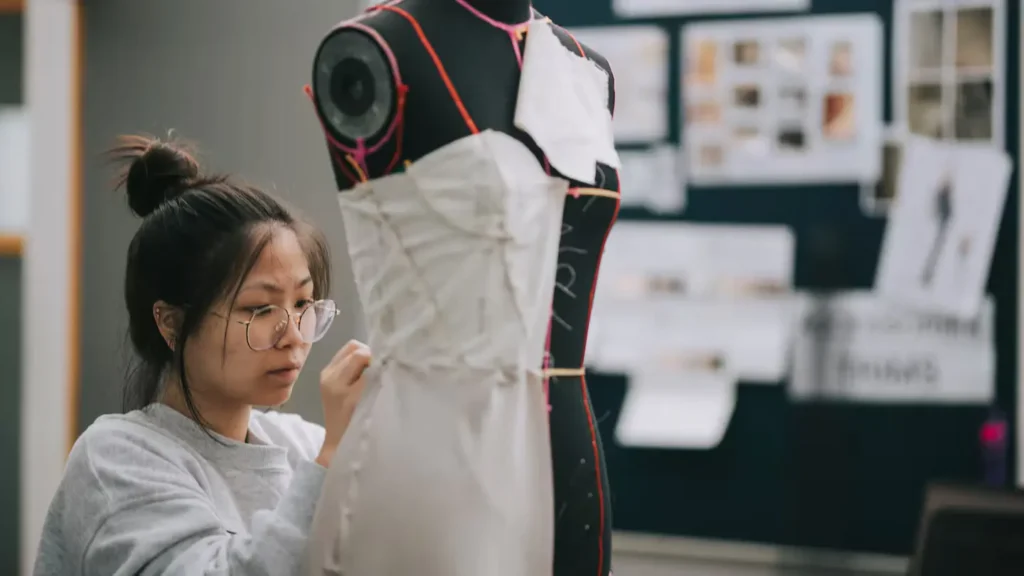 Fashion design intern working alongside senior designer in professional studio gaining hands-on industry experience - fashion design internship opportunities