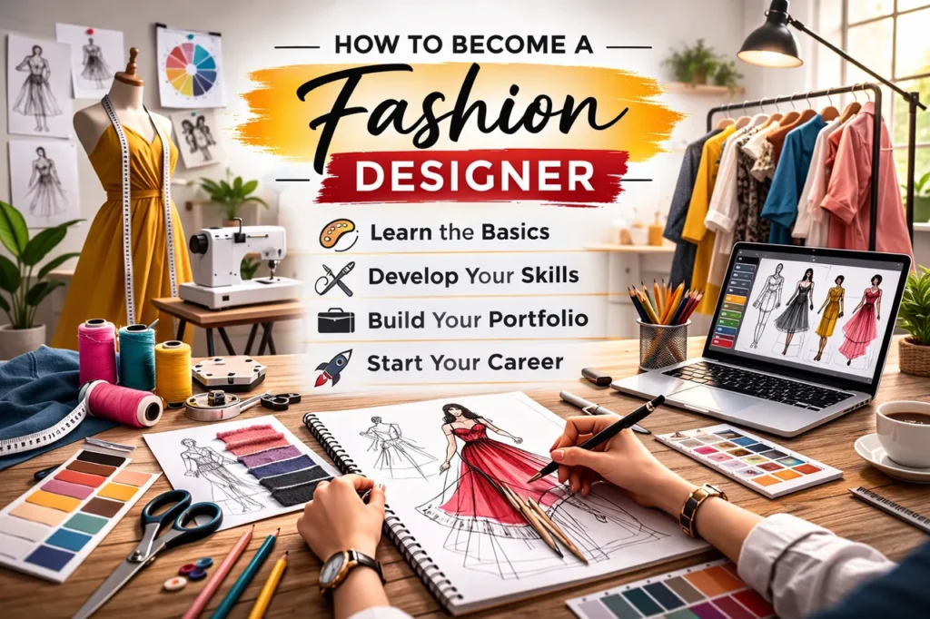 How to become a fashion designer step-by-step guide with sketches, sewing tools and fashion design workspace