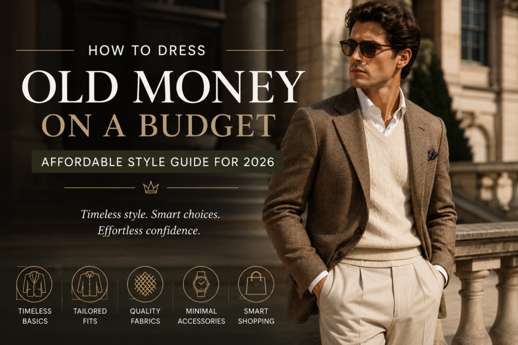 Promotional fashion banner titled “How to Dress Old Money on a Budget – Affordable Style Guide for 2026.” The image features a stylish man wearing a brown textured blazer, cream cable-knit sweater, white dress shirt, and pleated beige trousers. He stands confidently beside a stone balustrade in front of an elegant historic building. The design includes icons representing timeless basics, tailored fits, quality fabrics, minimal accessories, and smart shopping, all key elements of achieving an affordable old money aesthetic.
