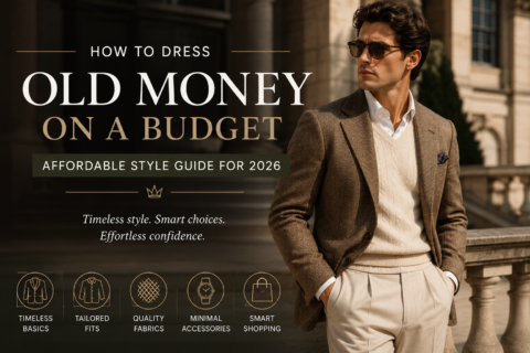 Promotional fashion banner titled “How to Dress Old Money on a Budget – Affordable Style Guide for 2026.” The image features a stylish man wearing a brown textured blazer, cream cable-knit sweater, white dress shirt, and pleated beige trousers. He stands confidently beside a stone balustrade in front of an elegant historic building. The design includes icons representing timeless basics, tailored fits, quality fabrics, minimal accessories, and smart shopping, all key elements of achieving an affordable old money aesthetic.
